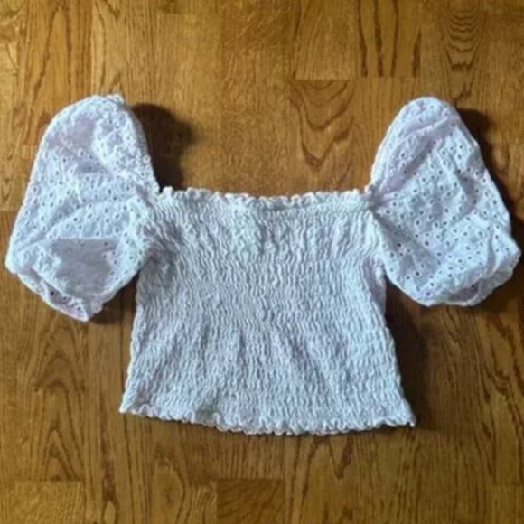 Miss Selfridge Women Pink Top Smock Eyelet Puff Sleeve Shirt Peasant Blouse Crop - Picture 1 of 3